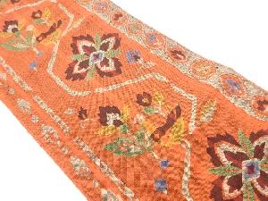 手織り真綿紬変わり縞に花々模様織出し名古屋帯